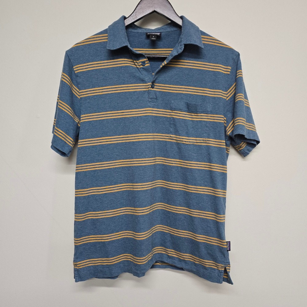 Patagonia Polo Shirt Mens Small Blue Orange Striped Organic Cotton Pocket Shirt